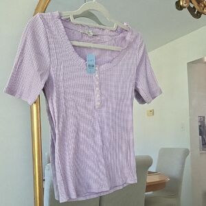 LOFT Lavender Checkered Short Sleeve Top